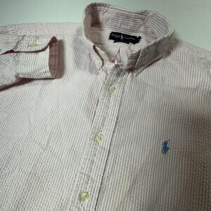 Vtg Ralph Lauren Seersucker LS Shirt Pink Stripes Blue Pony Mens XL Classic Fit
